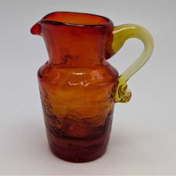Blown Cracked Glass Amberina Pitcher Applied Handle Red Yellow Orange Vintage - Picture 4 of 10